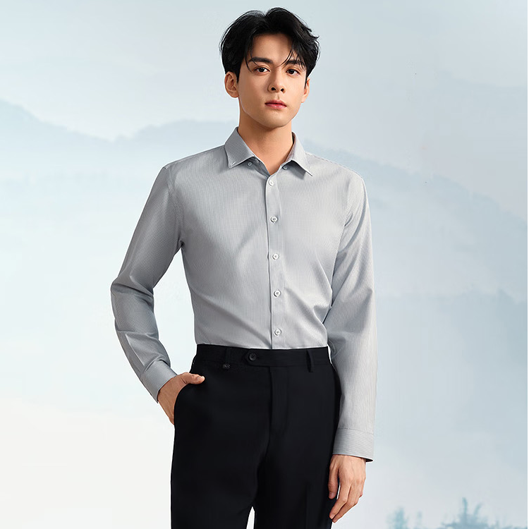 100%棉DP免烫灰色格纹领扣长袖休闲衬衣四季百搭衬衣剪标衬衣