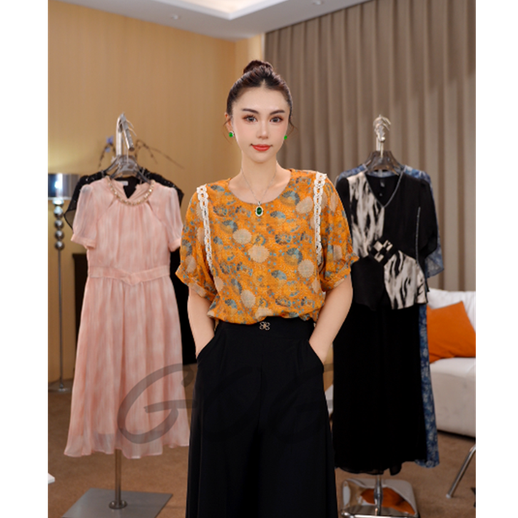 G7170复古优雅印花上衣2025夏季新款时尚小众高级感百搭宽松女