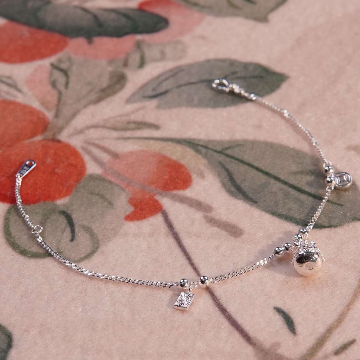 足银手链 苗人匠银坊 足银纯手工 时尚百搭 福牌古巴链小福袋手链