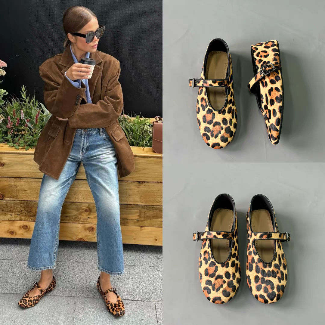 2025春季新款复古圆头芭蕾舞浅口一字扣平底豹纹单鞋女真皮玛丽珍