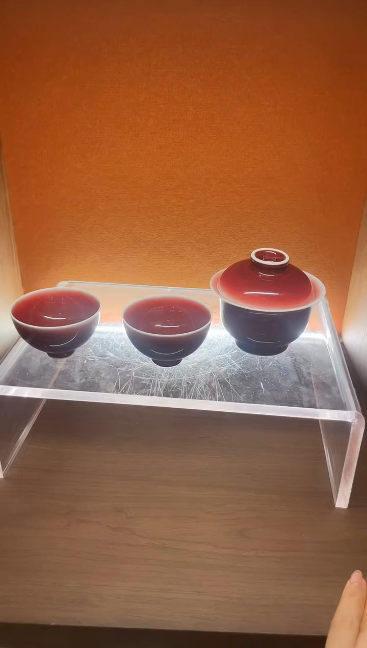 摆件郎红二才盖碗加鸡心杯一对