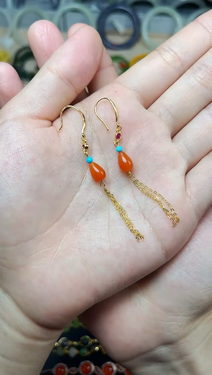 南红玛瑙耳饰银S925镶嵌水滴耳钩06