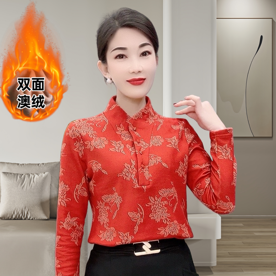 中年妈妈秋冬新款加绒保暖打底衫显瘦百搭洋气女上衣小衫双面绒