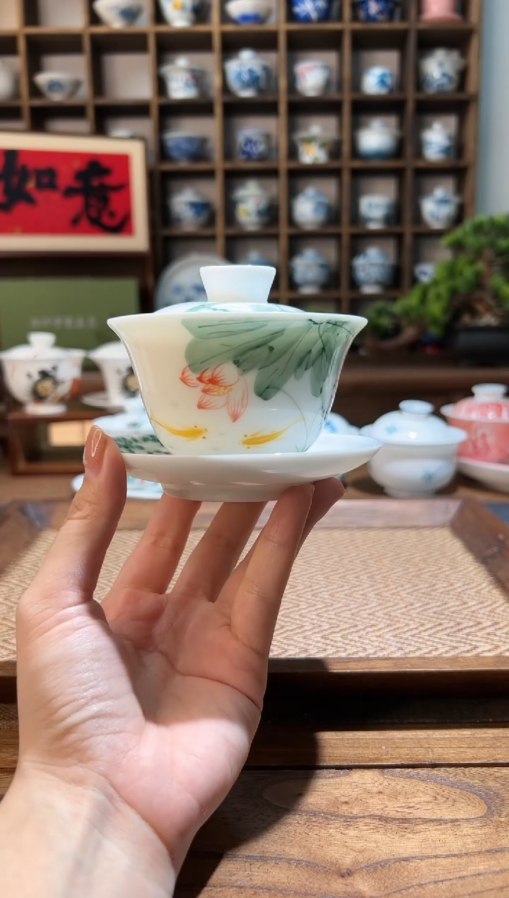 【闪购商品】五彩荷花锦鲤三才盖碗