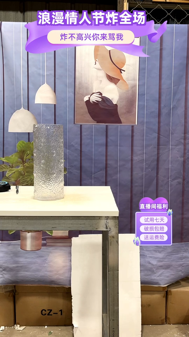 【闪购商品】玻璃204透明色冰纹花瓶1029直筒