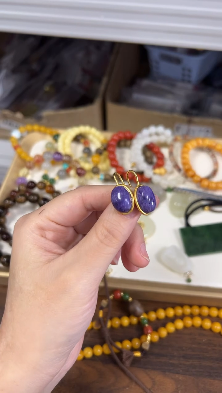 查罗石（紫龙晶）银S925镶嵌颈饰紫龙晶蛋面银镶嵌款耳钩[93]