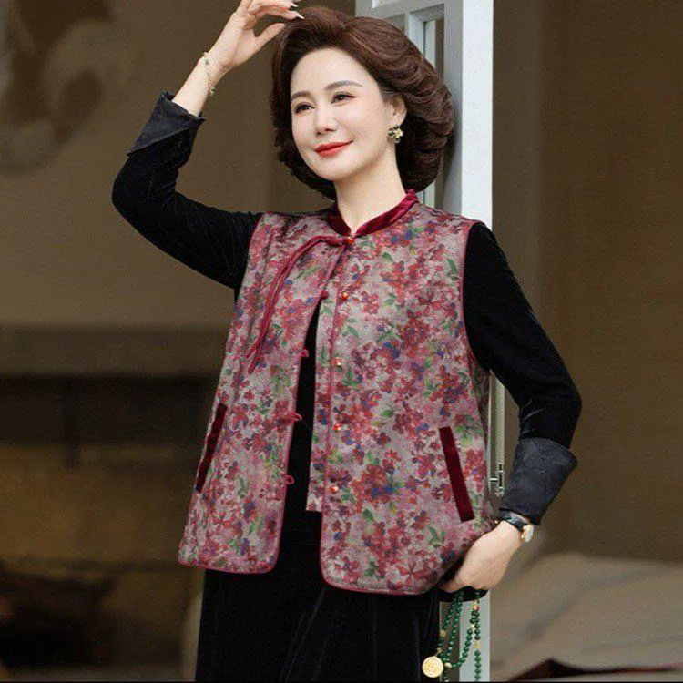 妈妈装宽松大码立领碎花马甲2025春季新款中老年国风盘扣背心坎肩