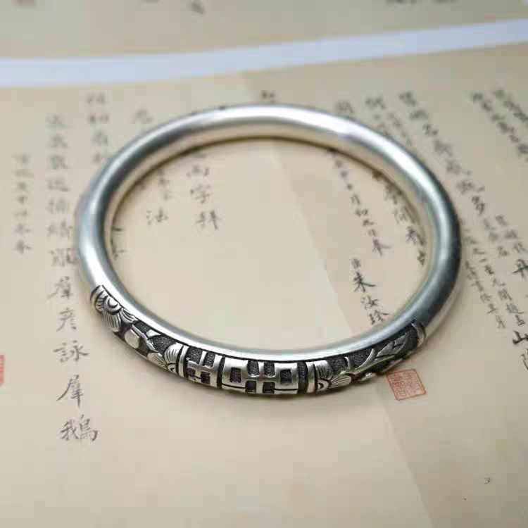 足银手镯 润土匠心【双喜梅花】手工定制纯银s999女手镯老银仿古