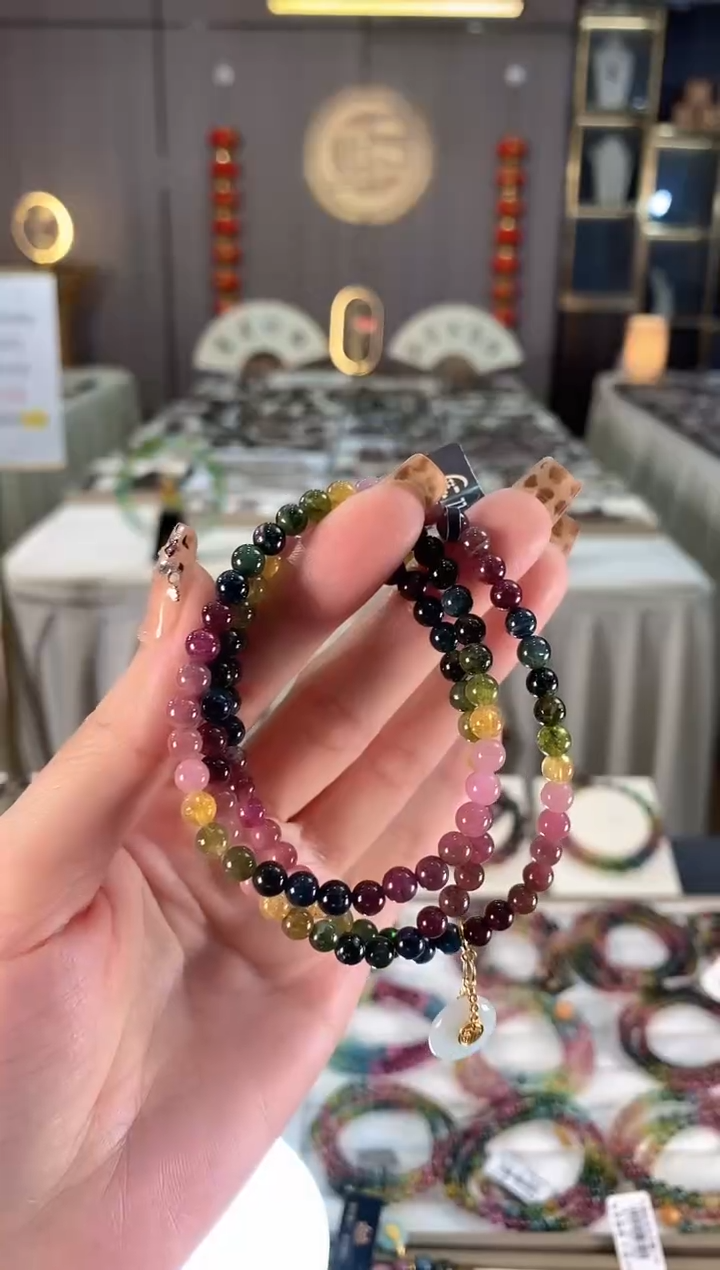 未镶嵌老矿碧玺色标彩虹三圈手串5mm+碧玺dan多样性发货一条