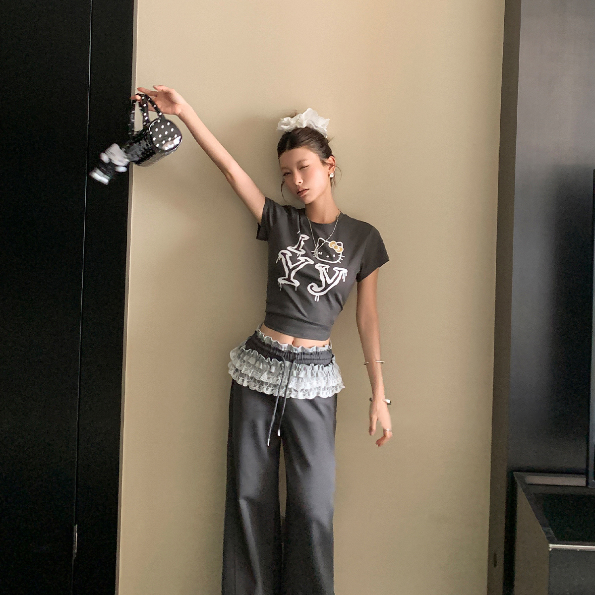 【鱼鱼原创】美式字母KT猫印花灰色T恤2025夏辣妹短款上衣裤子套装