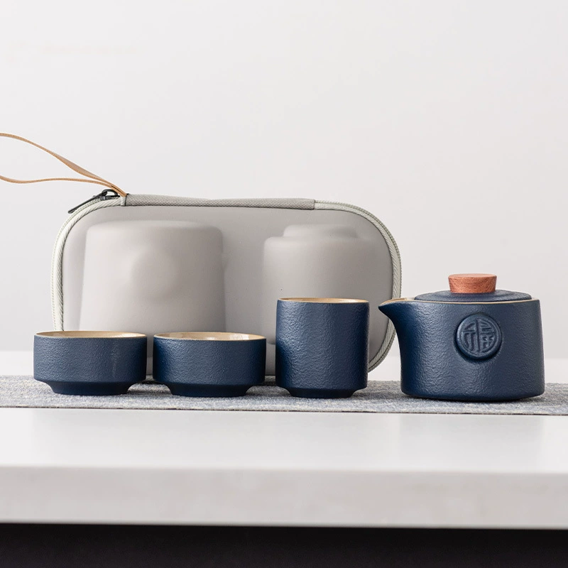 当代 006-3旅行茶具陶瓷黑陶便携式快客杯一壶三杯家用泡茶壶装