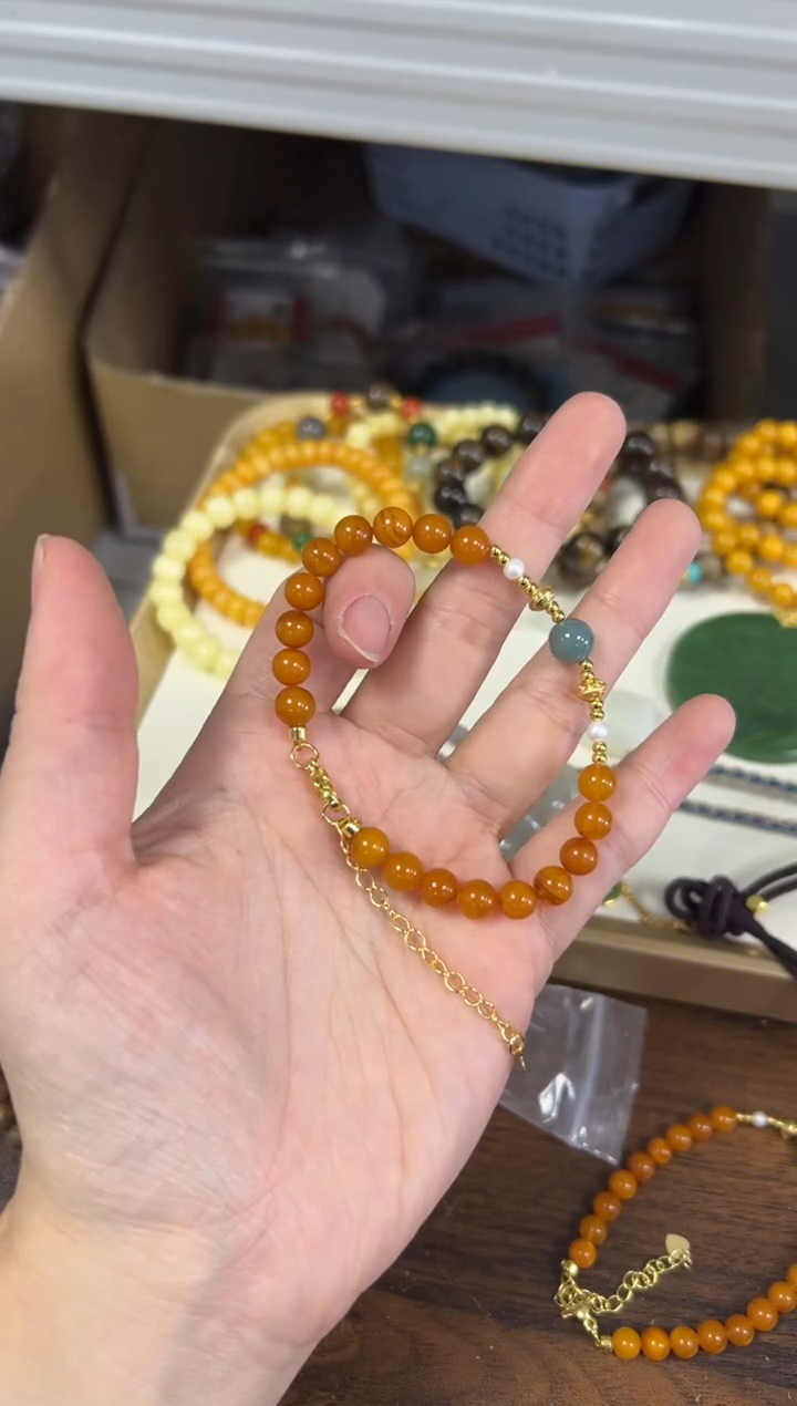 手链蜜蜡未镶嵌老蜜蜡鸡油红翡翠珠手链[0886]