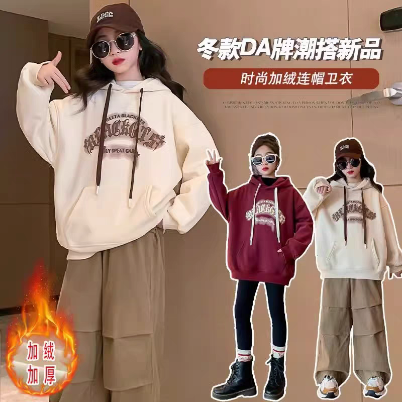 女童春秋季BE字母玫瑰印花连帽长袖卫衣洋气时尚套头卫衣A-15-10