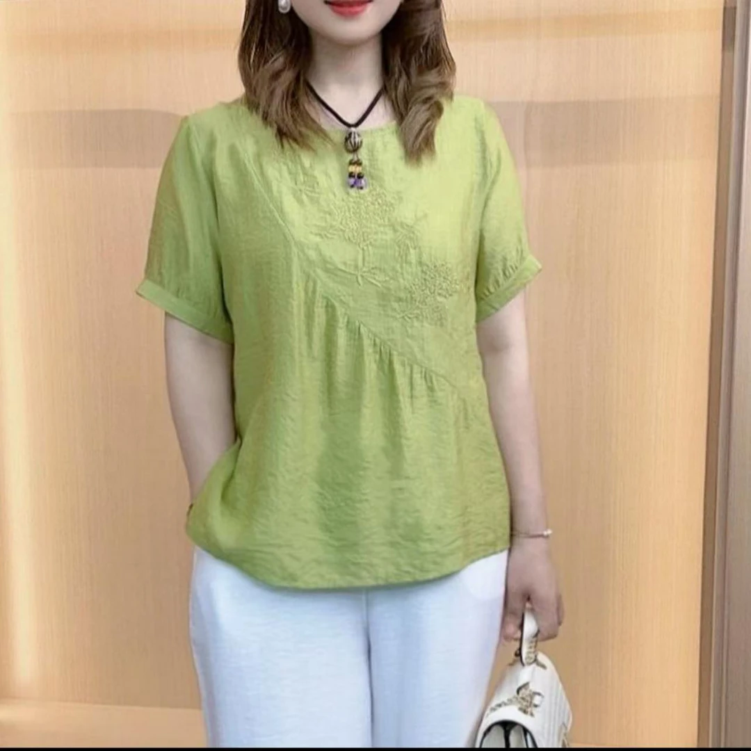 2025春季新款冰丝刺绣百搭安松妈妈上衣小衫薄款起皱冰丝绉上衣女