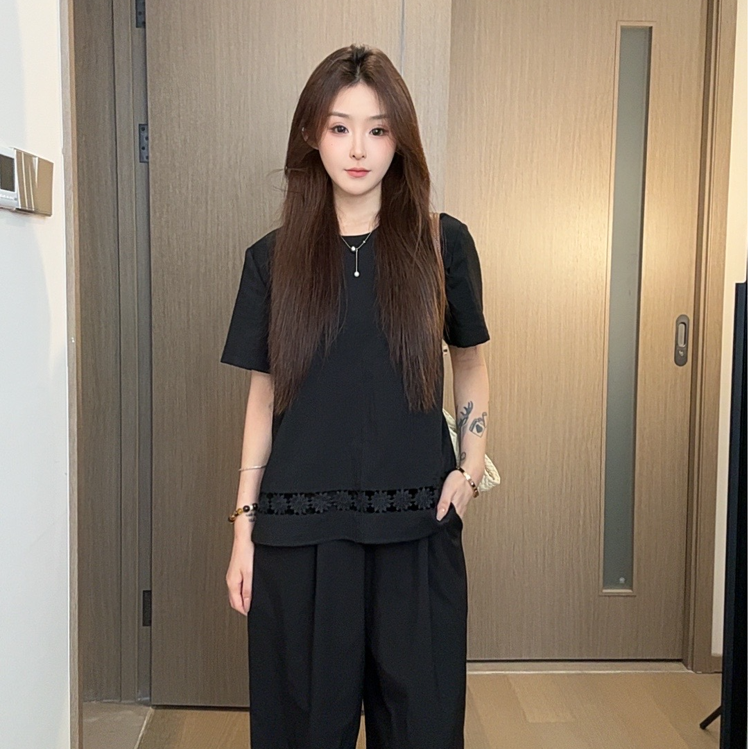 《喜番》9725老钱风套装女圆领无袖蕾丝刺绣亚麻背心阔腿裤两件套