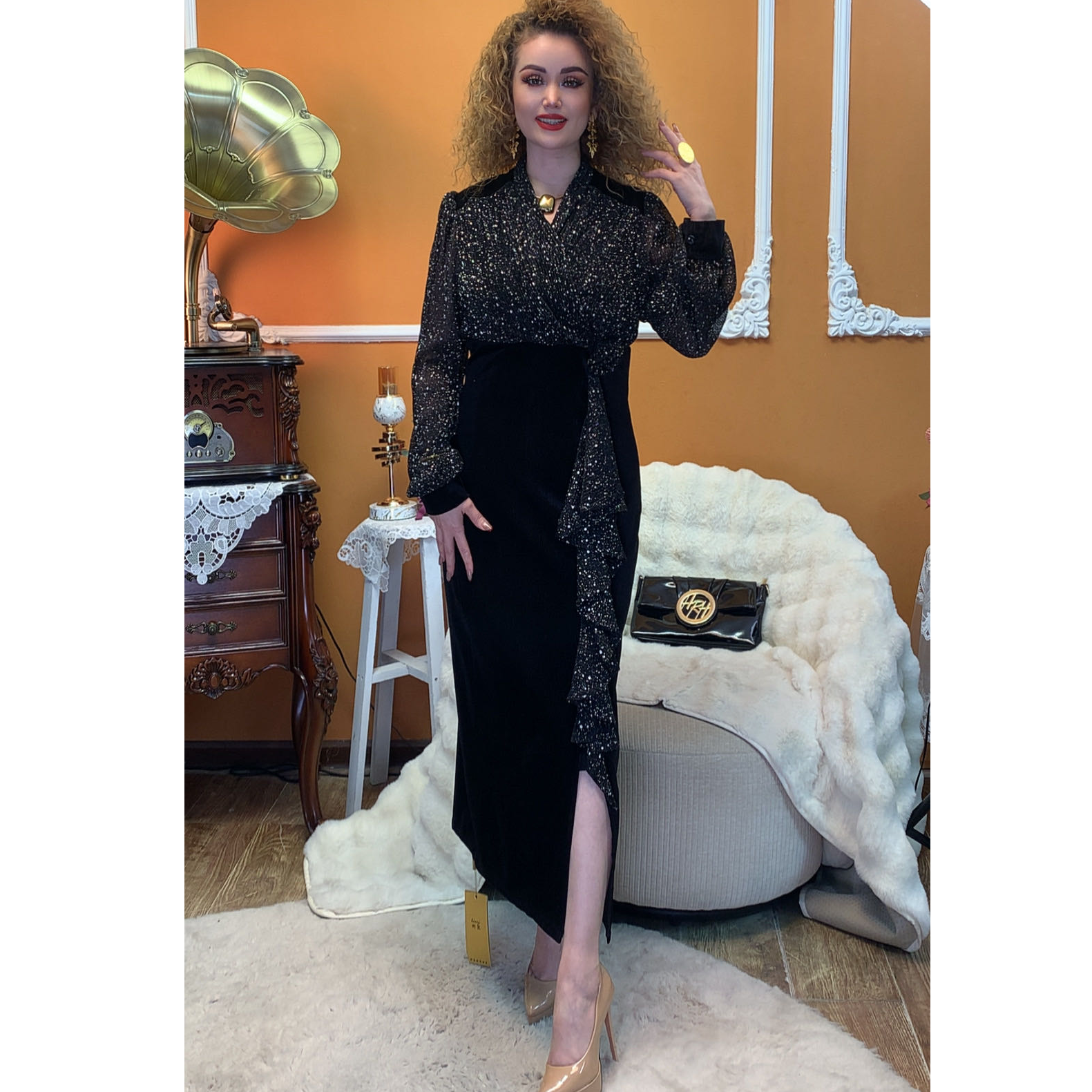 高定洋气条绒连衣裙（00-519）