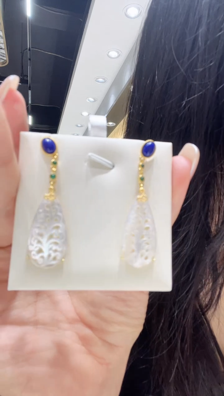 银S925镀金镶嵌青金石耳饰@@