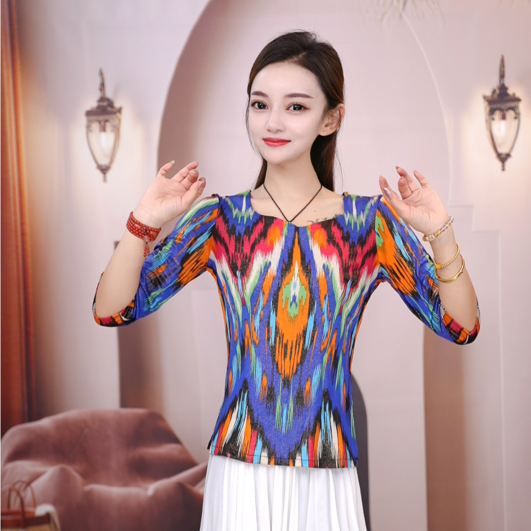 艾德莱斯上衣新疆民族风烫金桔蓝上衣打底衫百搭新疆舞广场舞爆款