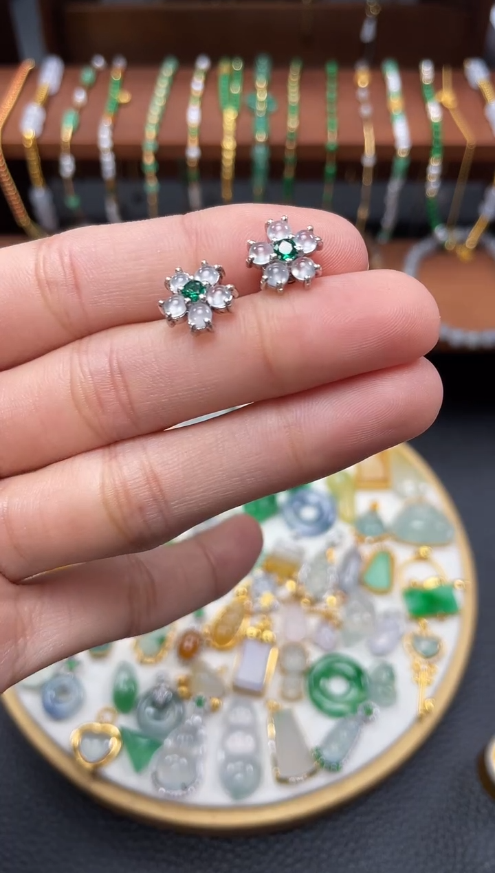 【闪购商品】翡翠耳饰银S925镶嵌2个 JK726