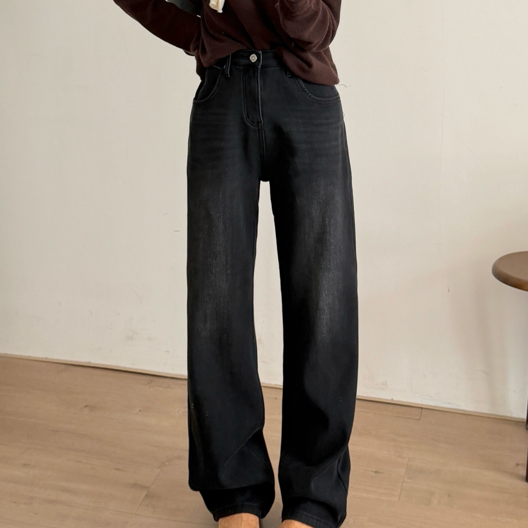 高腰加绒加厚款冬季慵懒风牛仔裤黑色阔腿裤96522