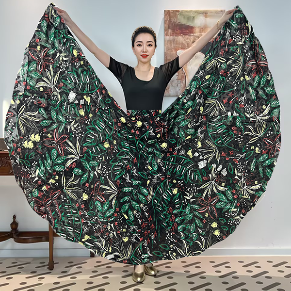 A《红蕊脉绿》雪纺满铺印花时尚百搭全松紧腰大摆半身裙带衬裙