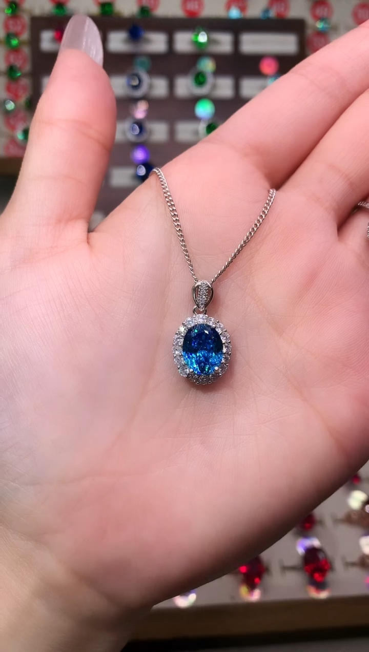 银S925镶嵌吊坠(赠链)海蓝宝石8*10 戴妃 银托