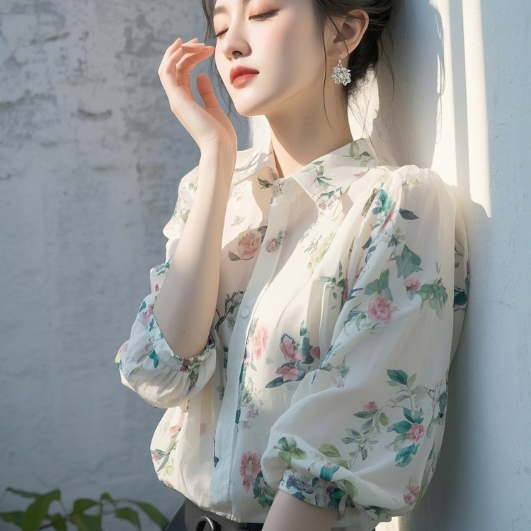 2025新款印花雪纺春夏季法式别致气质上衣碎花衬衫女中袖衬衣
