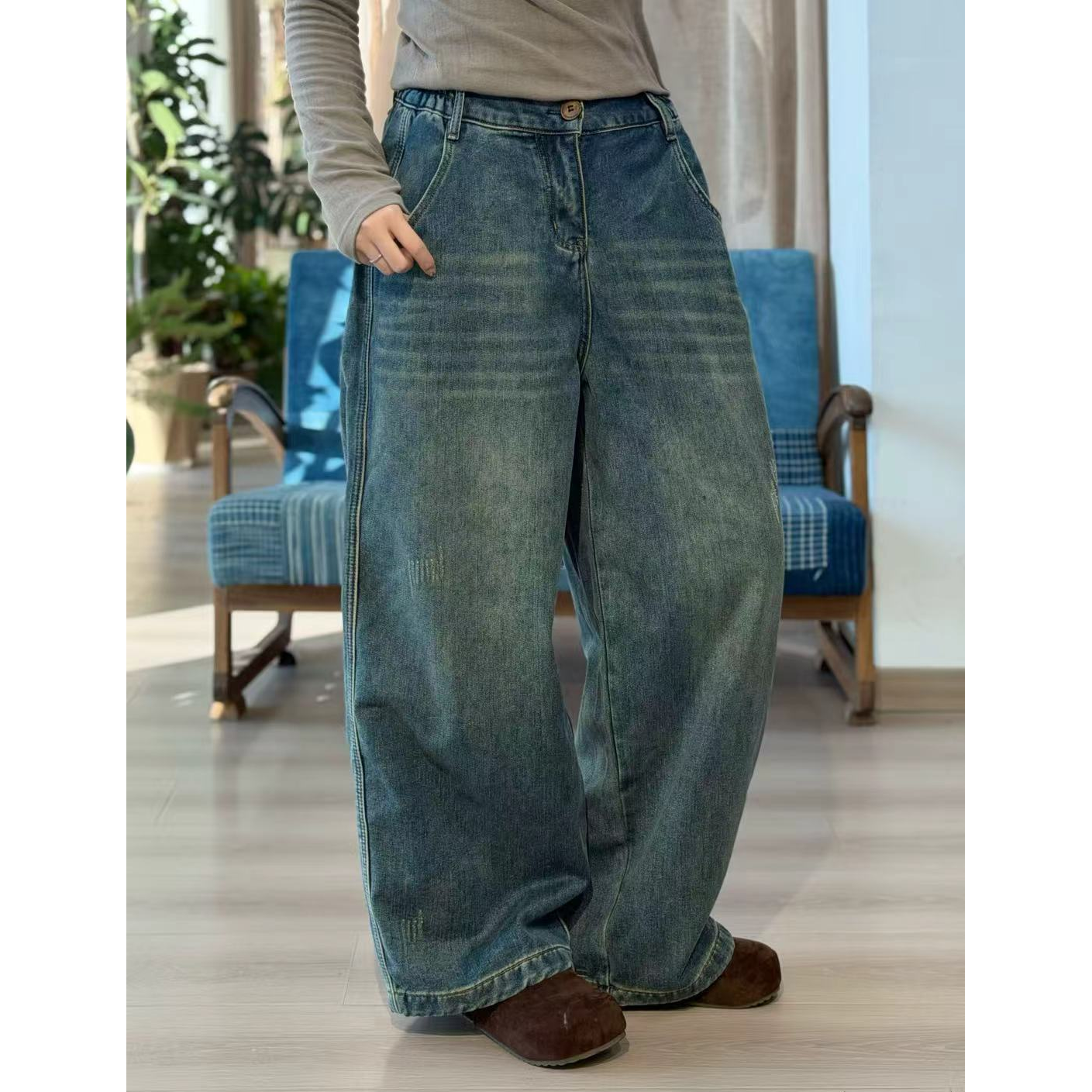 忆古朴拙休闲磨毛直筒女士秋冬牛仔裤25262