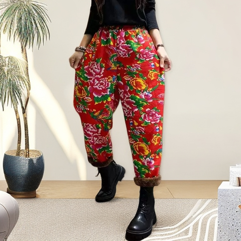 2025冬季新款女裤印花长裤棉裤彩色裤子花裤宽松大版，闪腿裤