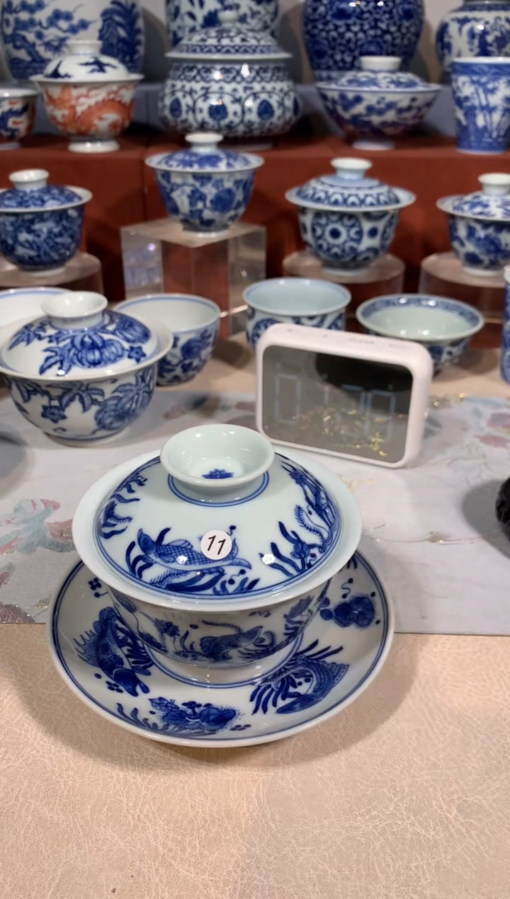 【闪购商品】摆件11青花鱼藻三才盖碗