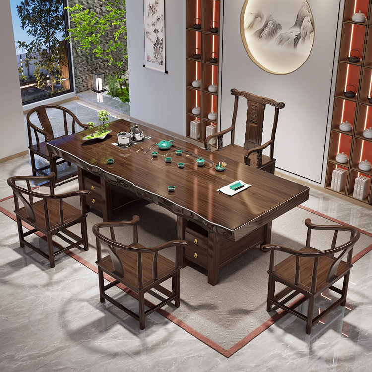 【直播】原木大板茶桌办公室茶台椅接待泡茶桌高端大气新中式茶几桌