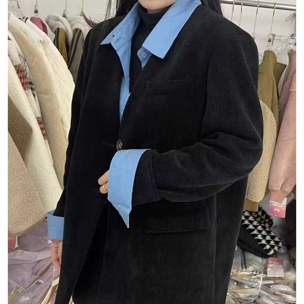灯芯绒假两件西装外套女2023春季新款休闲洋气设计感韩版宽松西服