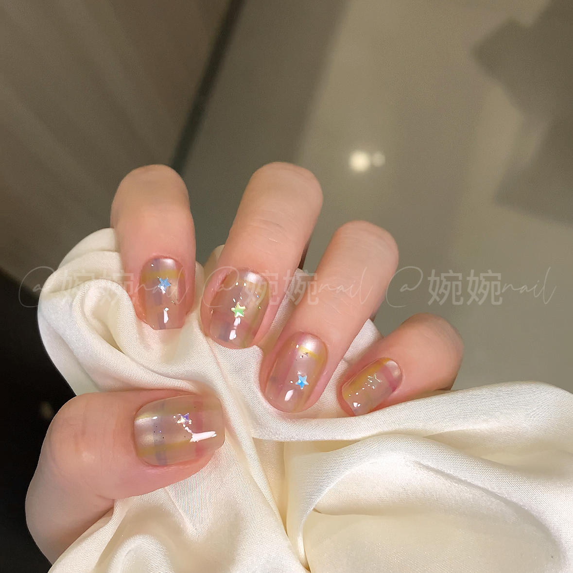 清！！！【水彩格纹】纯手工手绘猫眼百搭设计穿戴甲