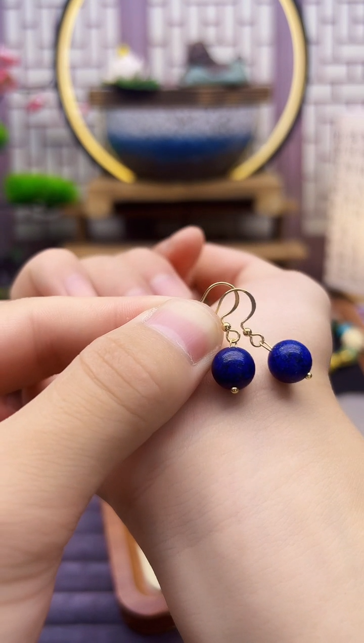 青金石14K金镶嵌耳饰E385