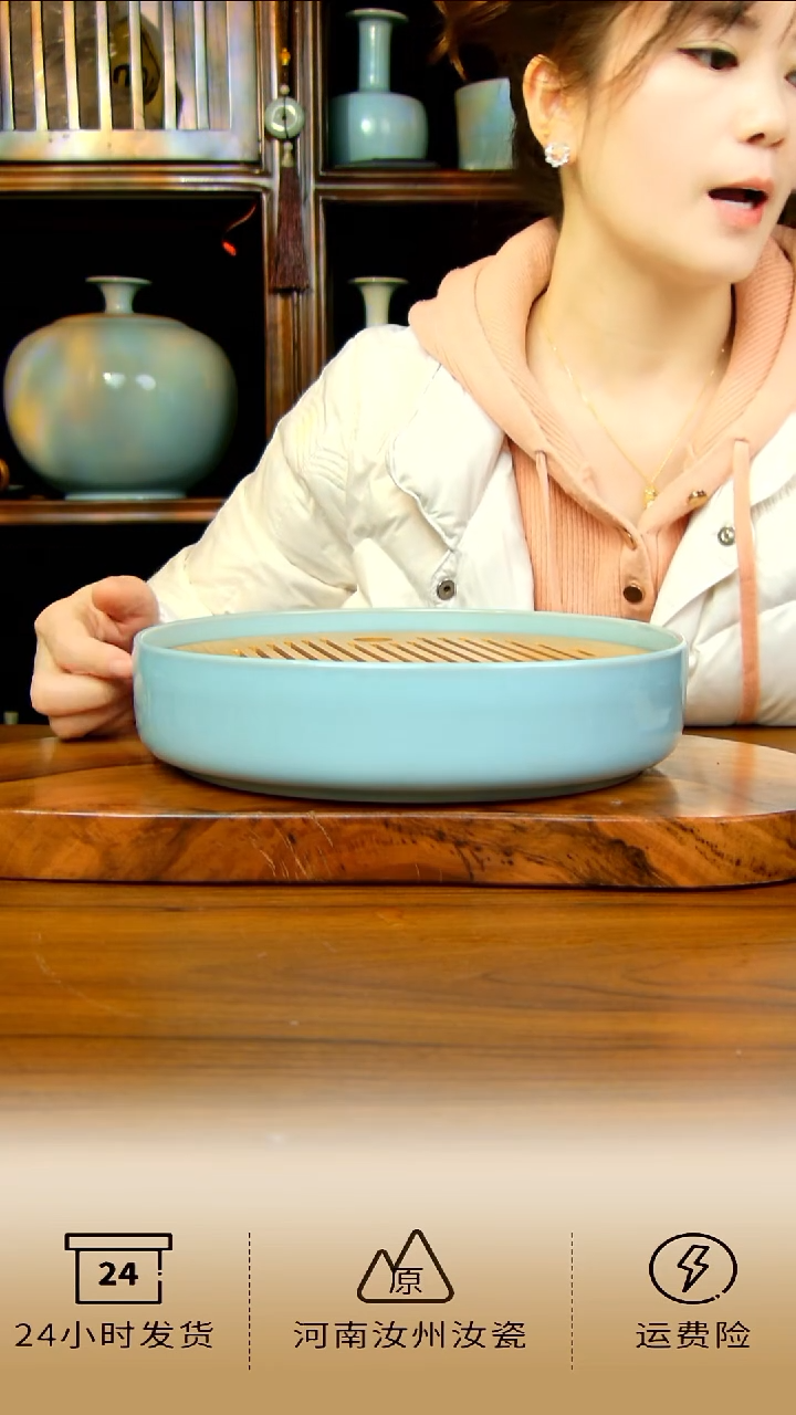 全手工天青色大茶盘不完美