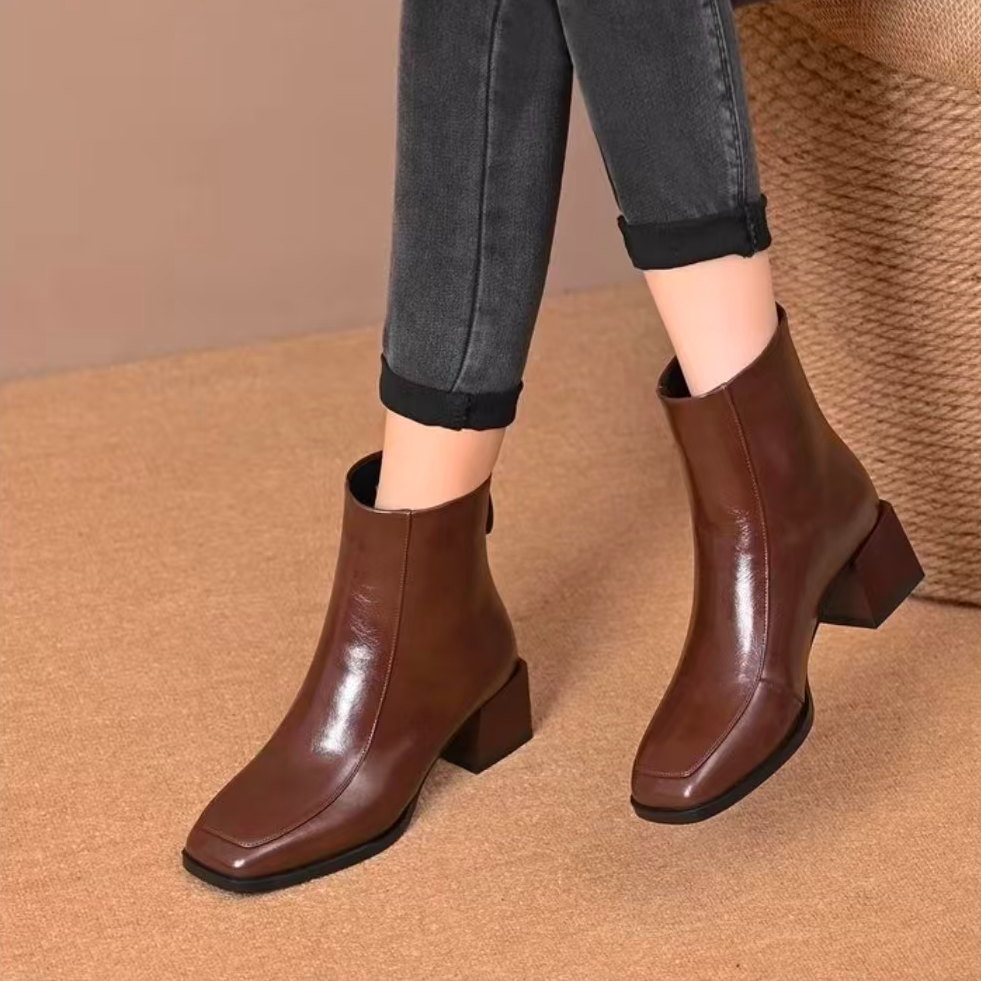 短靴女粗跟方头2025款秋冬女靴低跟软皮瘦瘦靴加绒冬季K11