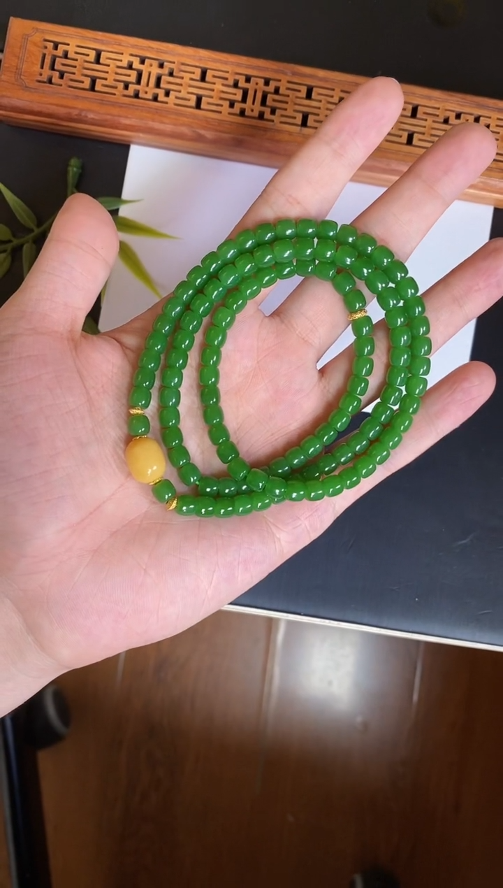 和田玉（碧玉）18K金镶嵌颈饰卡5-6直切108项链3600