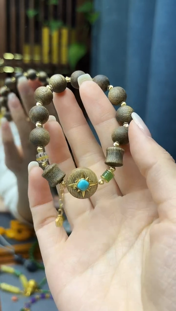 18K金镶嵌绿松石挂件18K金松石配饰手串ZX