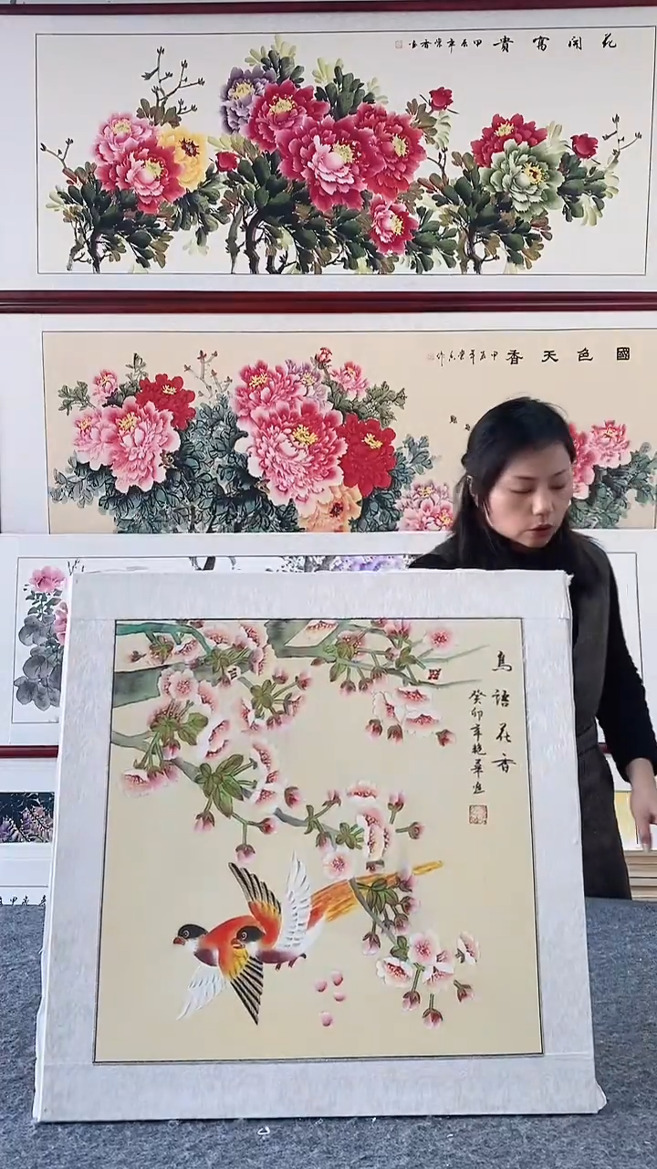 国画实木画框纯手绘国画65*65C带框装饰挂画