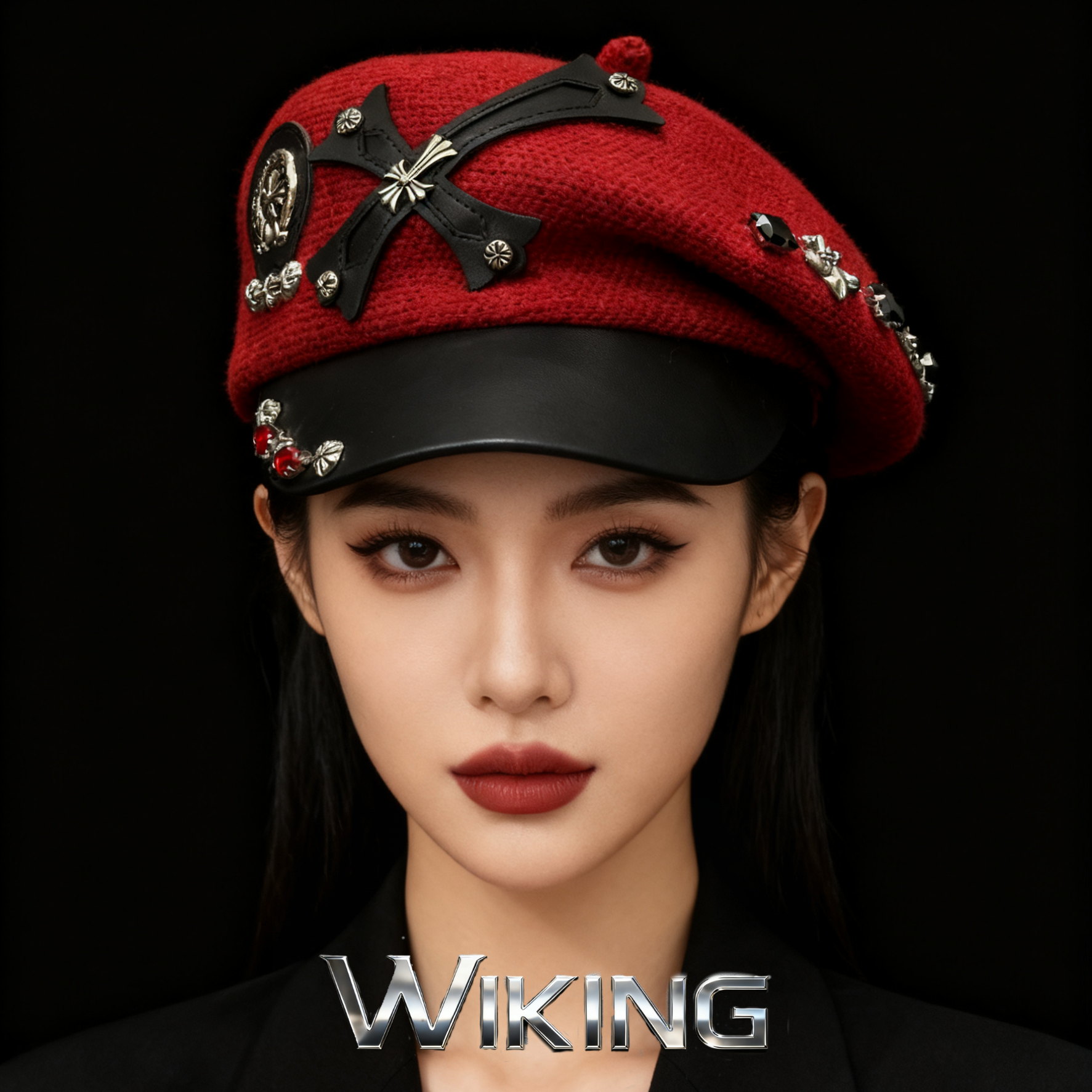 王大嘴原创 “十字徽章”秋冬超酷针织皮帽檐手工贝雷帽M140