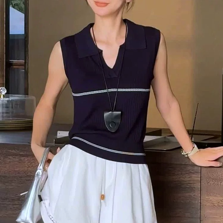 时尚百搭无袖针织上衣polo领夏时尚透气---LT156