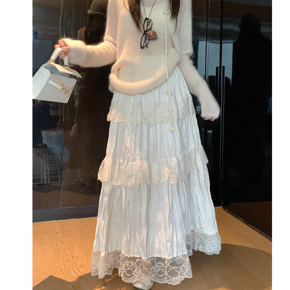 蕾丝拼接半身裙2025秋冬新款高级感慵懒风女韩版丝绒褶皱蛋糕裙