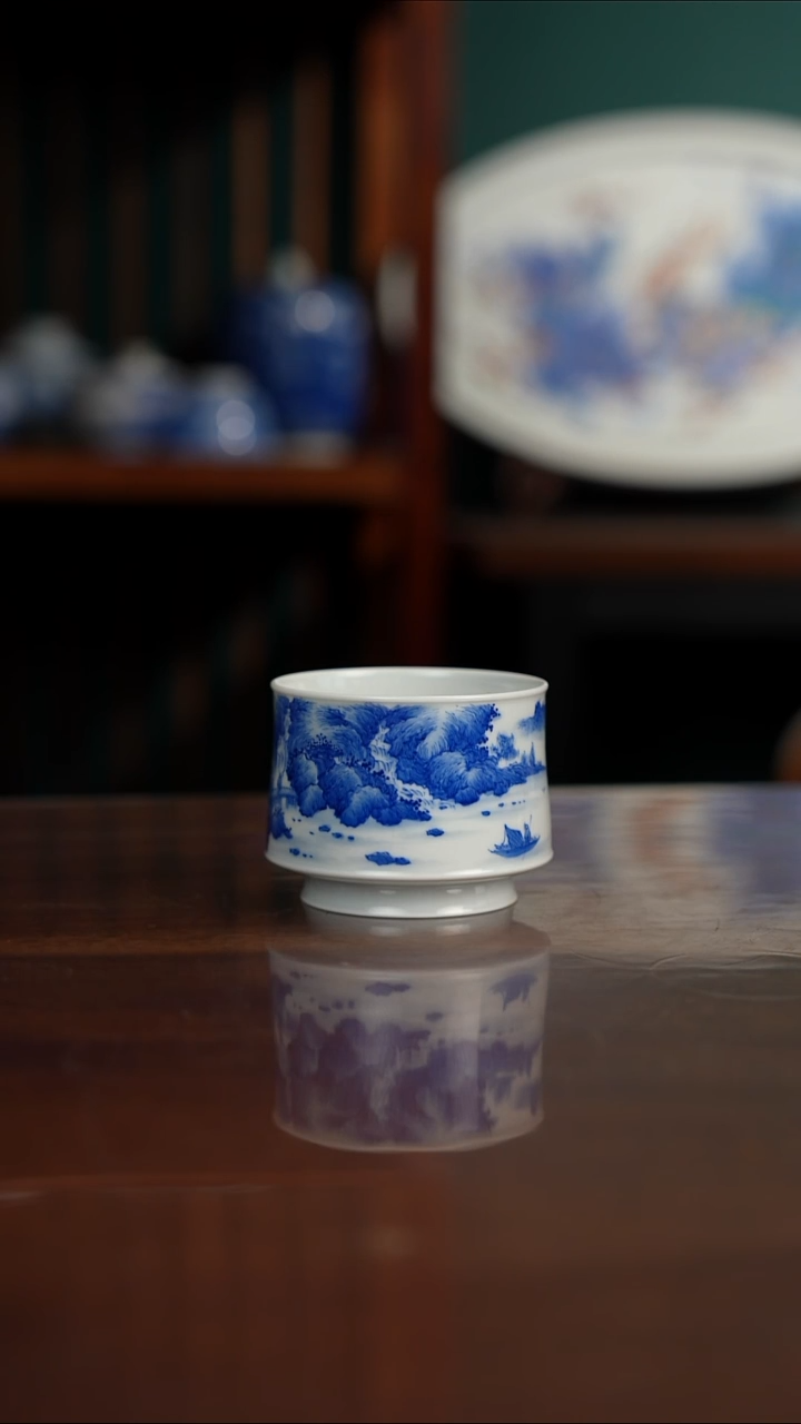 柴窑青花山水主人杯