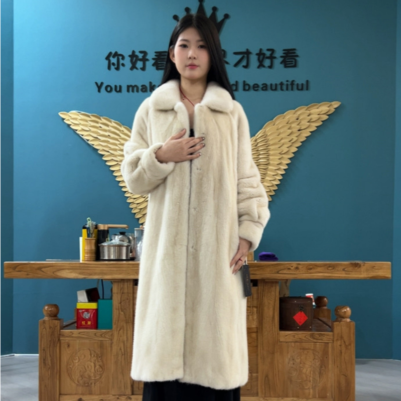 工厂直营店  珍珠 方立领落肩直身长款貂皮大衣 简约 时尚 百搭款