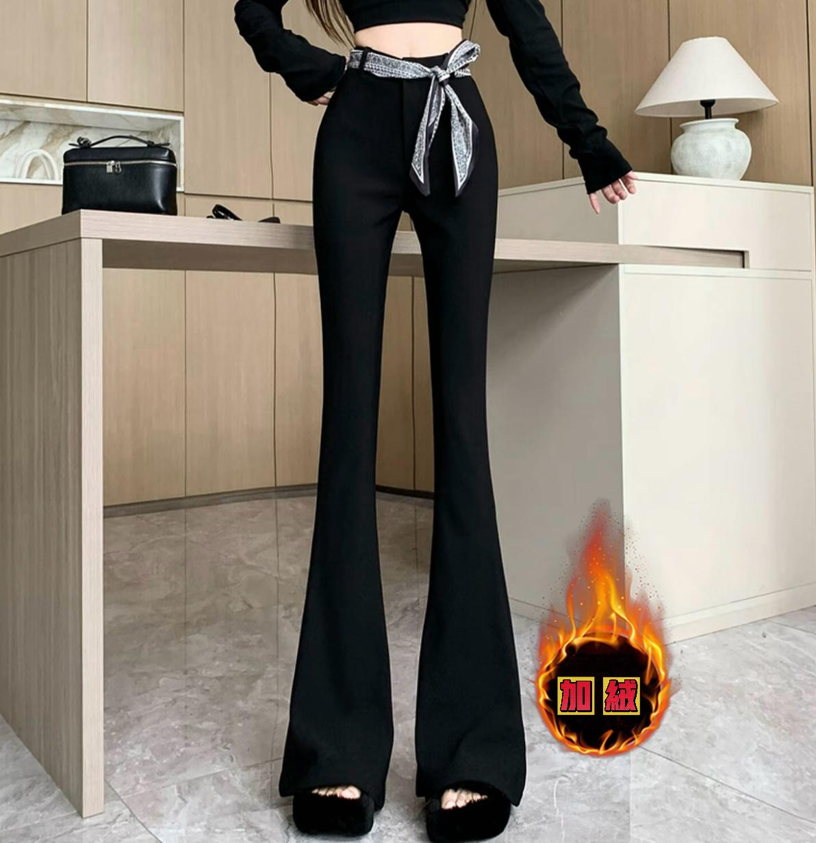 【送丝巾】s加绒加厚黑色微喇裤女2025新款高腰显瘦垂感休闲长裤