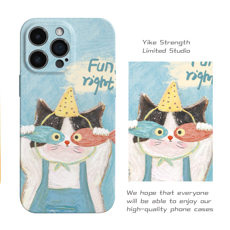 蓝色摸鱼小猫菲林壳适用iphone苹果15pro16/手机壳小米15VIVO