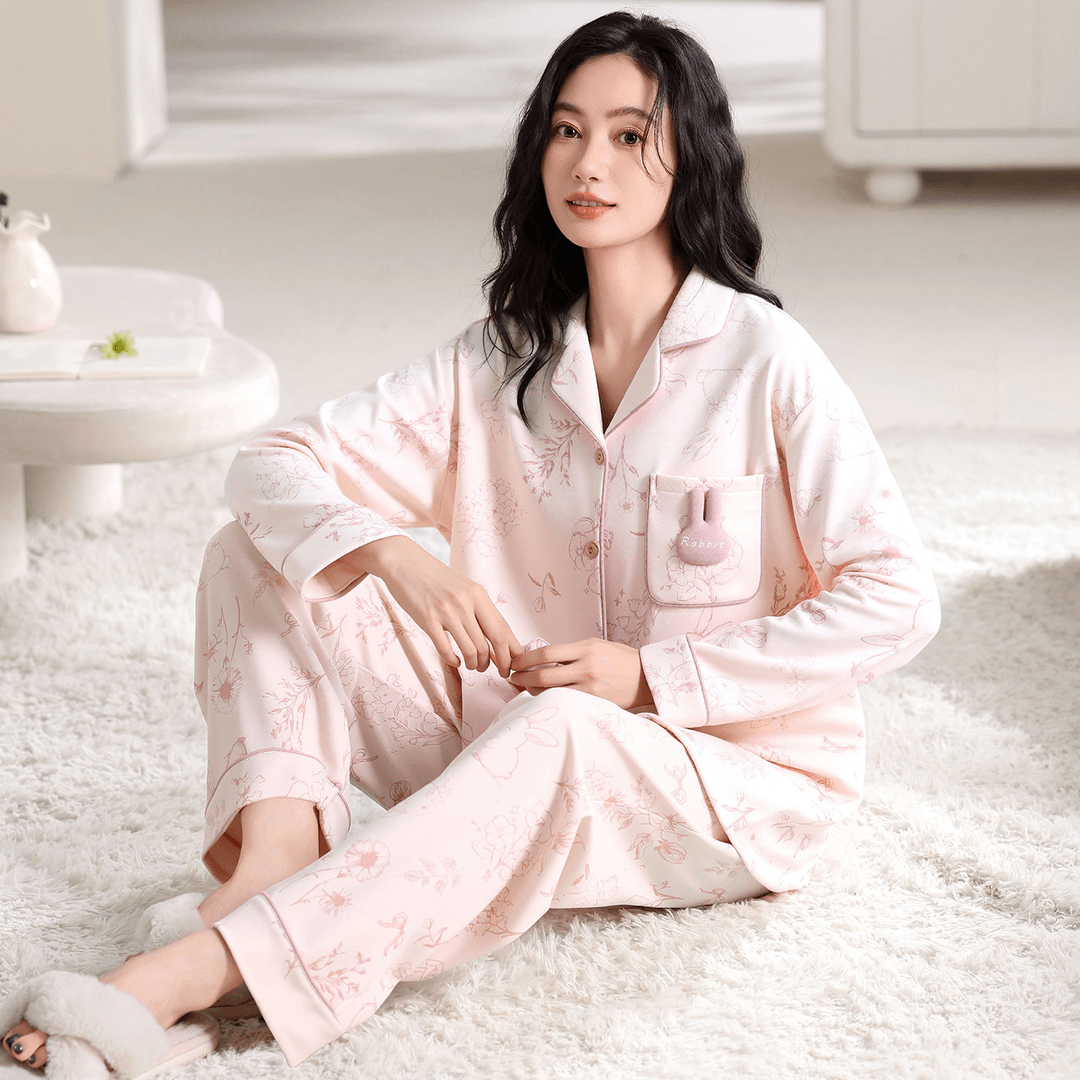 莉莉家新款睡衣女士加厚纯棉花卉小兔长袖长裤开衫家居服时尚套装