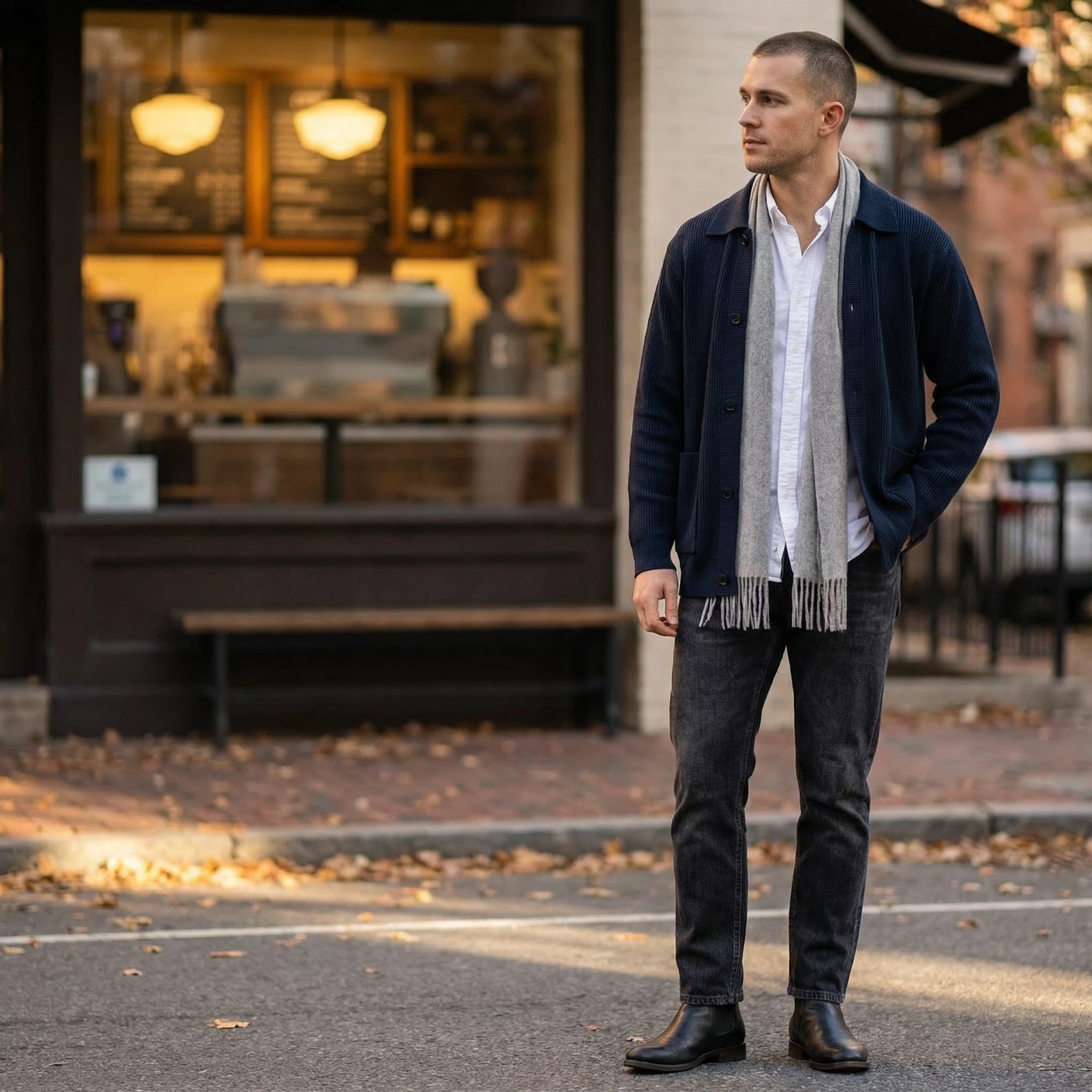 美式复古双股线翻领针织衫贴袋开杉长袖毛衣男士保暖秋冬【8299】