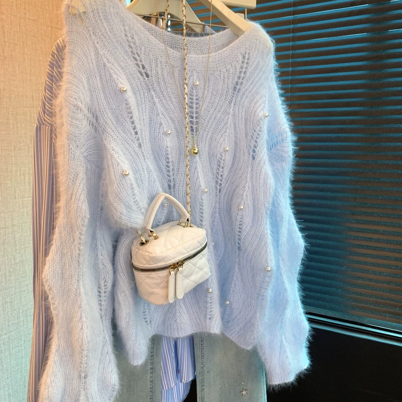 软糯奶呼呼钉珠蓝色毛衣女秋冬新款设计感镂空针织毛衫慵懒松弛感