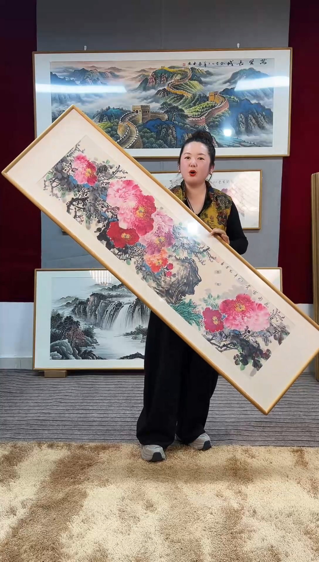 国画手绘横幅牡丹实木带框162*47厘米